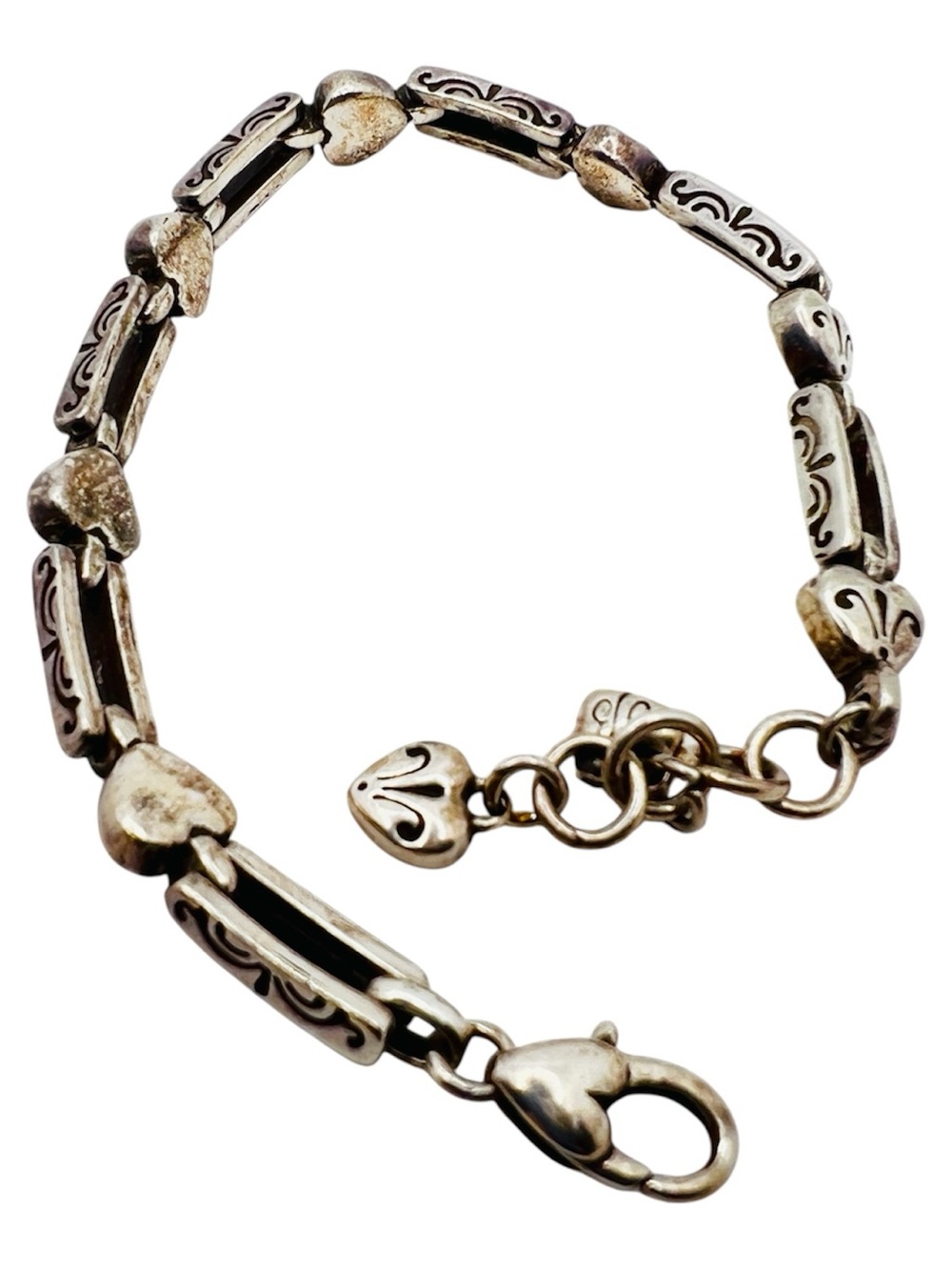 Retired Brighton Bracelet Pompeii Silvertone Etched Bar Scroll & Heart Link